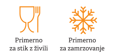 Oznaki, kakršne najdemo na posodi za shranjevanje živil: Primerno za stik z živili (desno), Primerno za zamrzovanje (levo)
