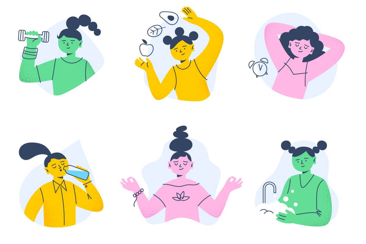 Zdravje je uspeh: šest ilustracij iz infografike, ki prikazujejo zdrav način življenja